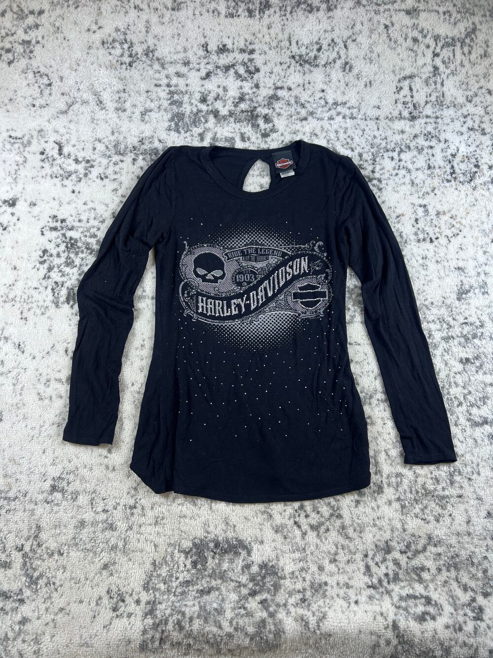 Harley Davidson Shirt Women S Black Rhinestone Skull Keyhole Back Motorcycle Y2K